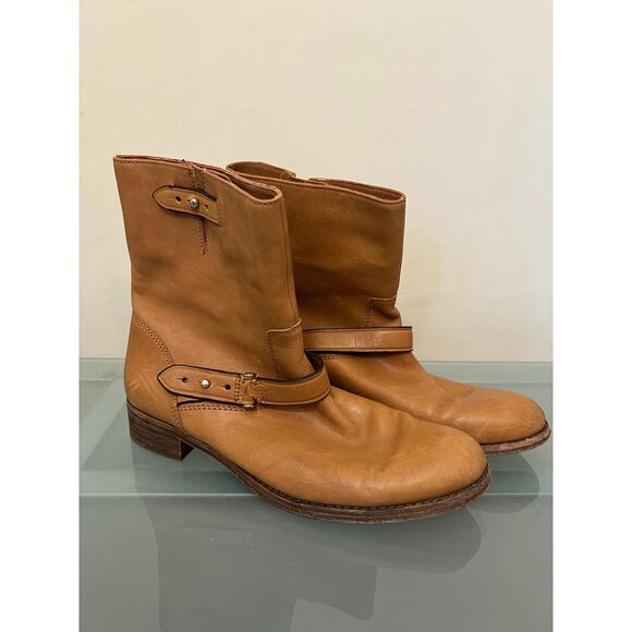 Coach moto Amy biker boots women’s 7.5 B cognac tan leather mid calf harness - Picture 2 of 6